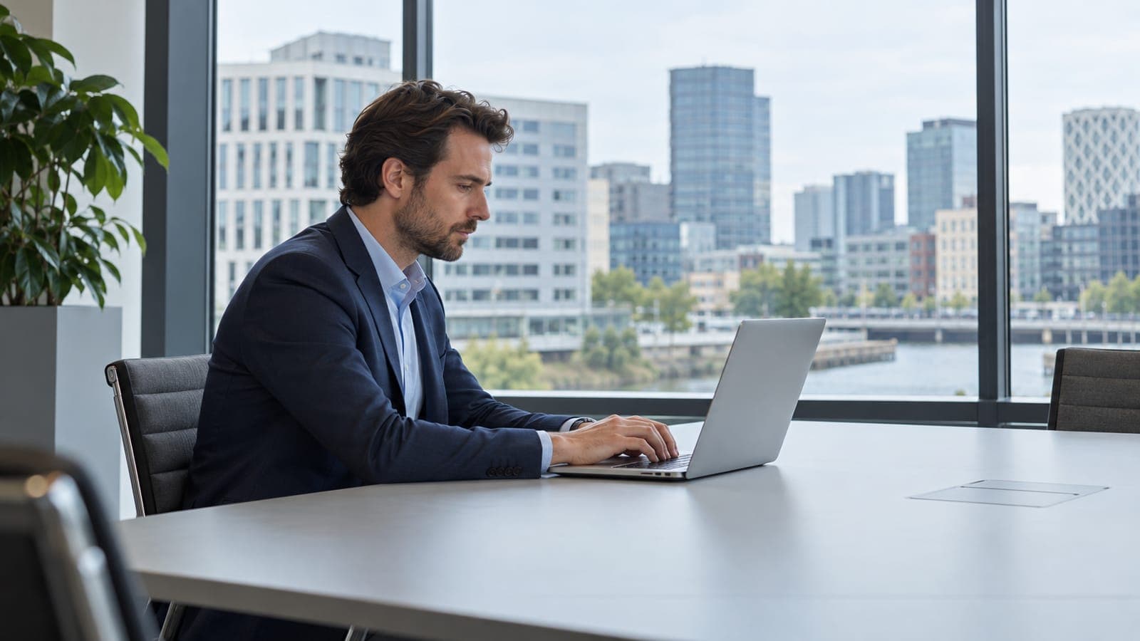 Asset manager werkt op een laptop in een vergaderruimte met uitzicht op kantoren