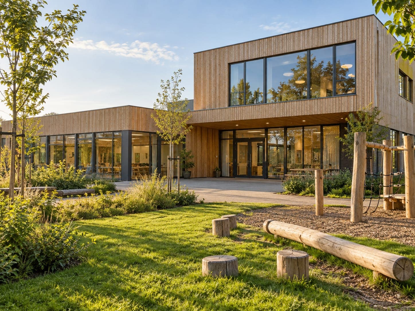 Primary school with a wooden facade and a green playground