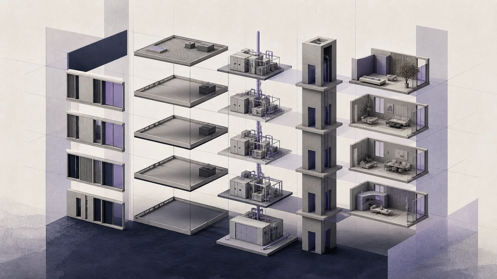 Exploded view van gebouwonderdelen en installaties als visuele demarcatiematrix
