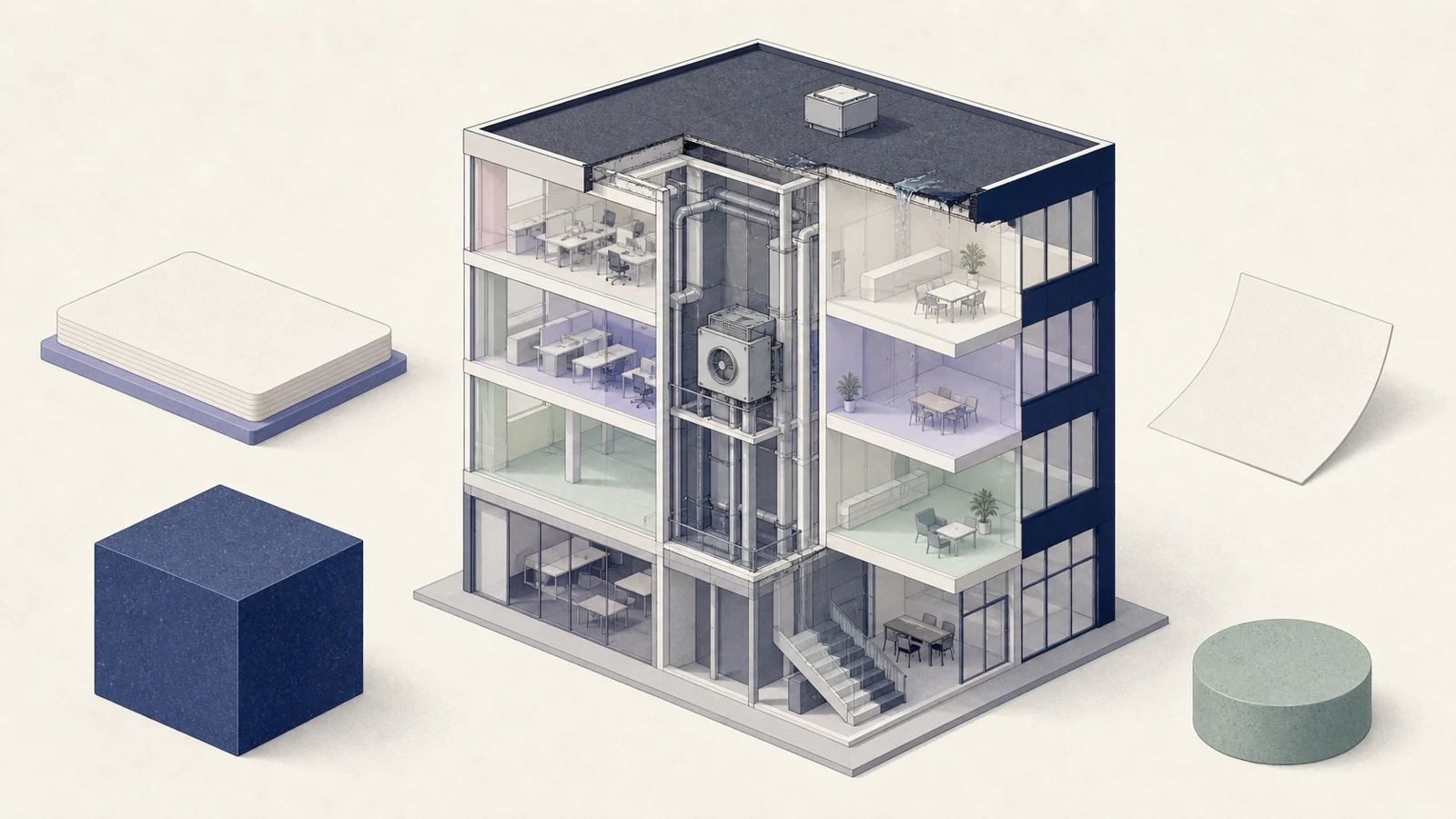 Architecturale doorsnede van een bedrijfsgebouw met afzonderlijke abstracte objecten voor opdracht, factuur, eigendom en betaling.