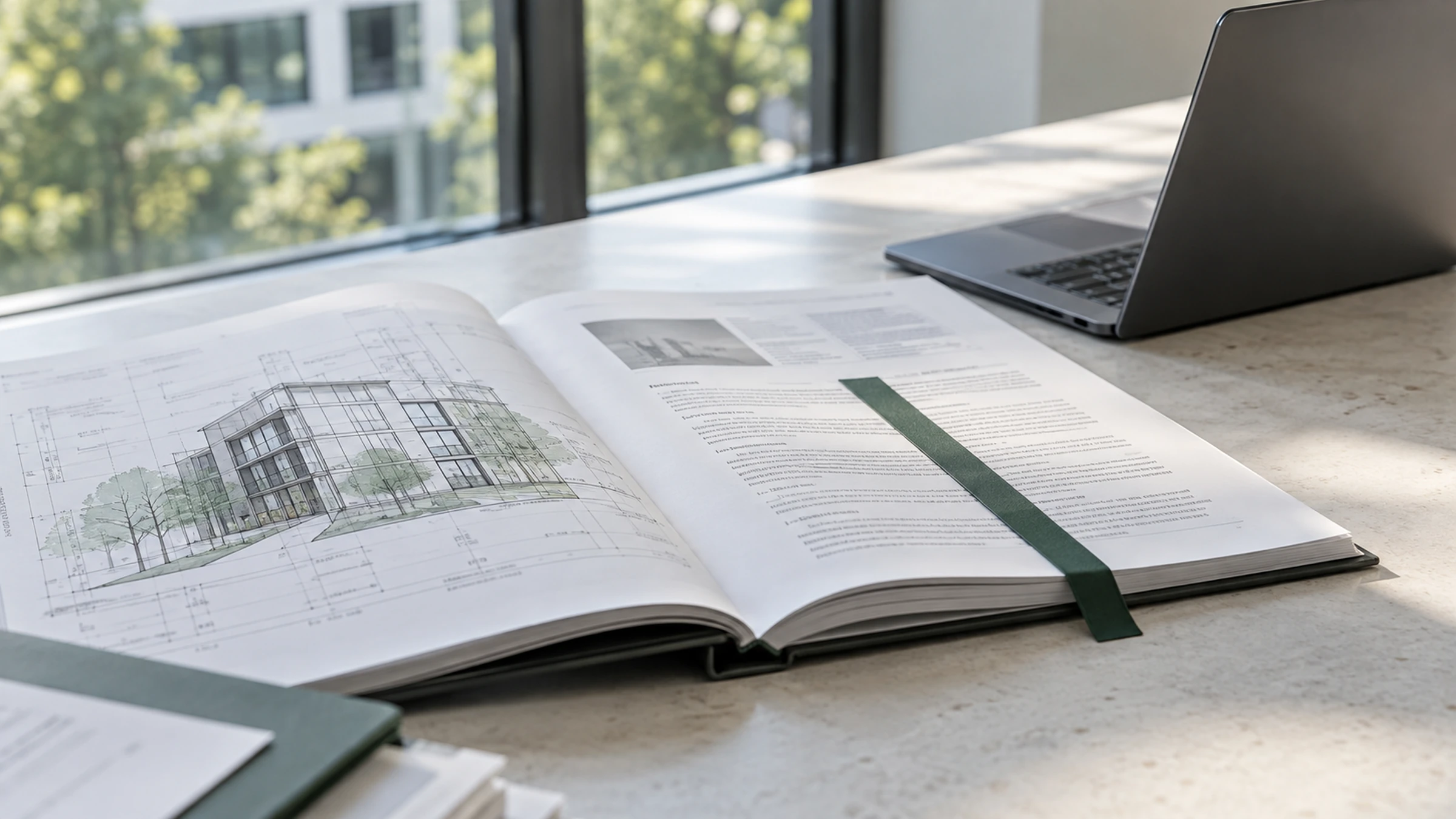 Open technisch rapport met een donkergroene bladwijzer naast een laptop