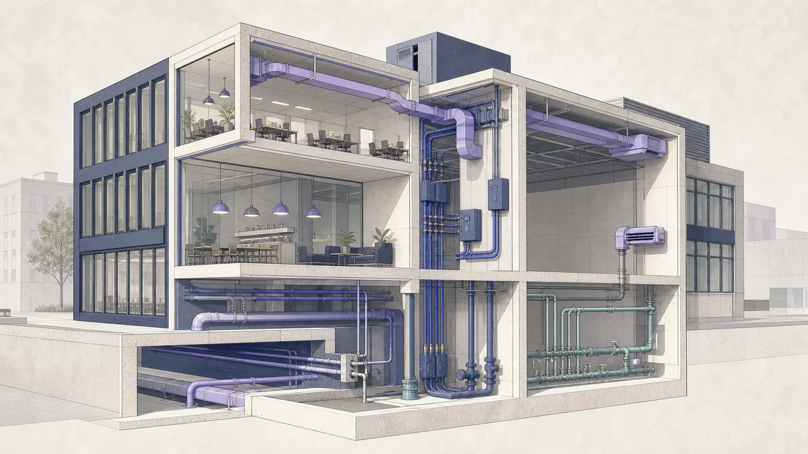 Architecturale doorsnede met ventilatie, elektrische distributie en leidingnetten.