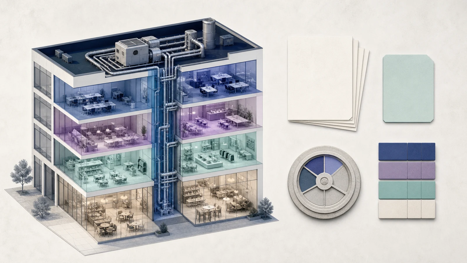 Architecturale doorsnede van een gemengd bedrijfsgebouw met gedeelde installatie en abstracte bewijsstukken voor kostenverdeling.