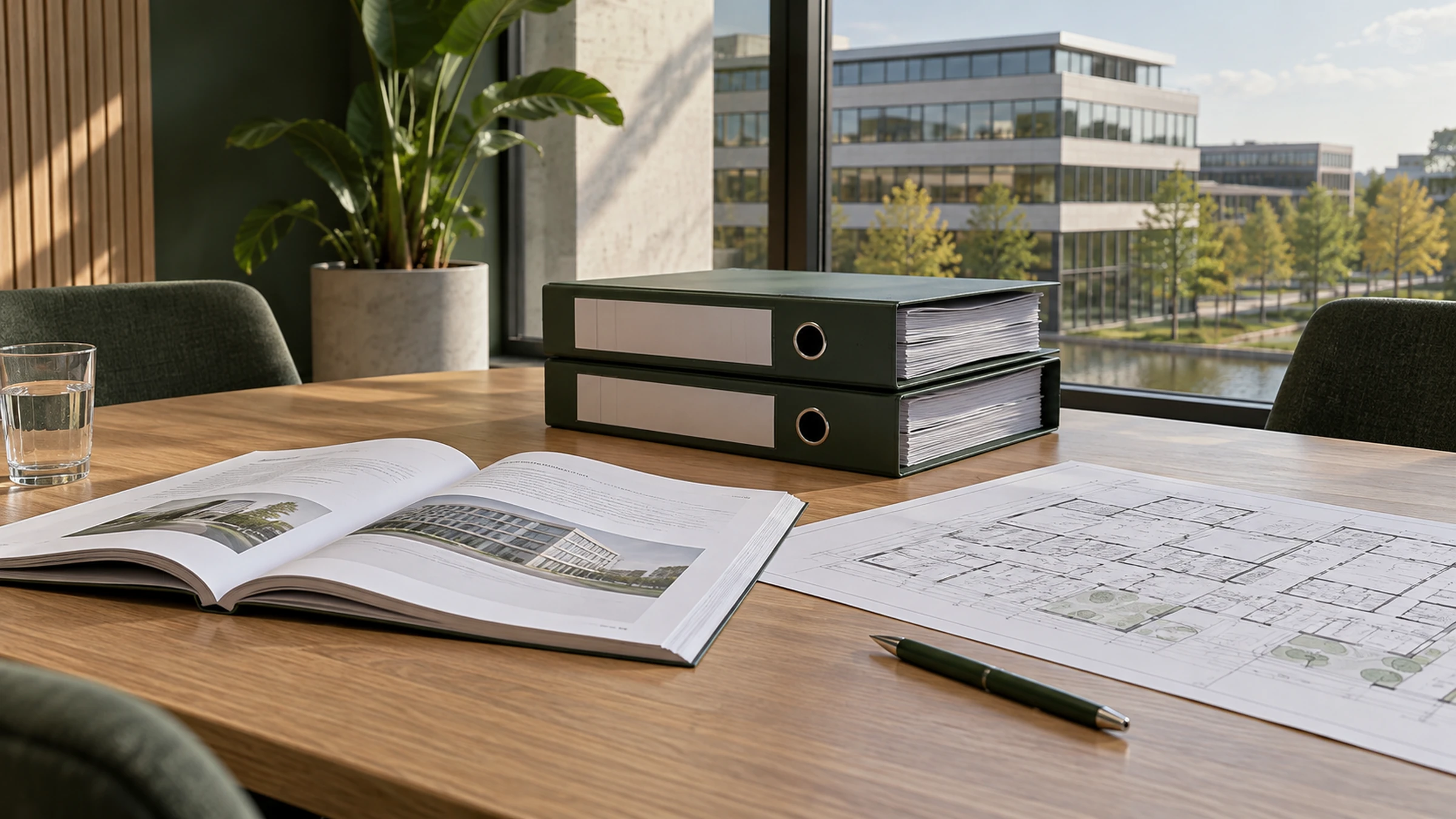 Technische dossiers en gebouwplattegrond op een tafel voor een dossiercontrole