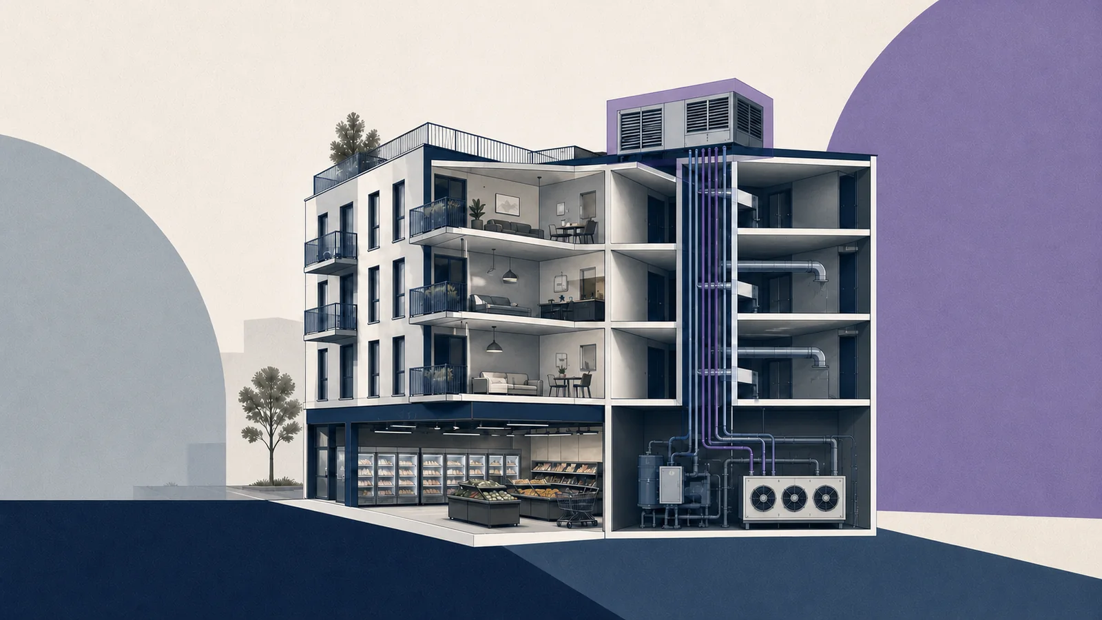 Illustratieve doorsnede van een gemengd vastgoedobject met supermarktkoeling en technische installaties.