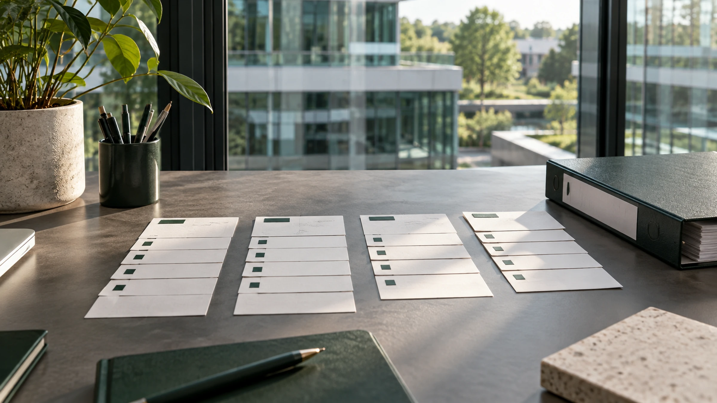 Rustige werkplanning met geordende kaarten en een technisch dossier