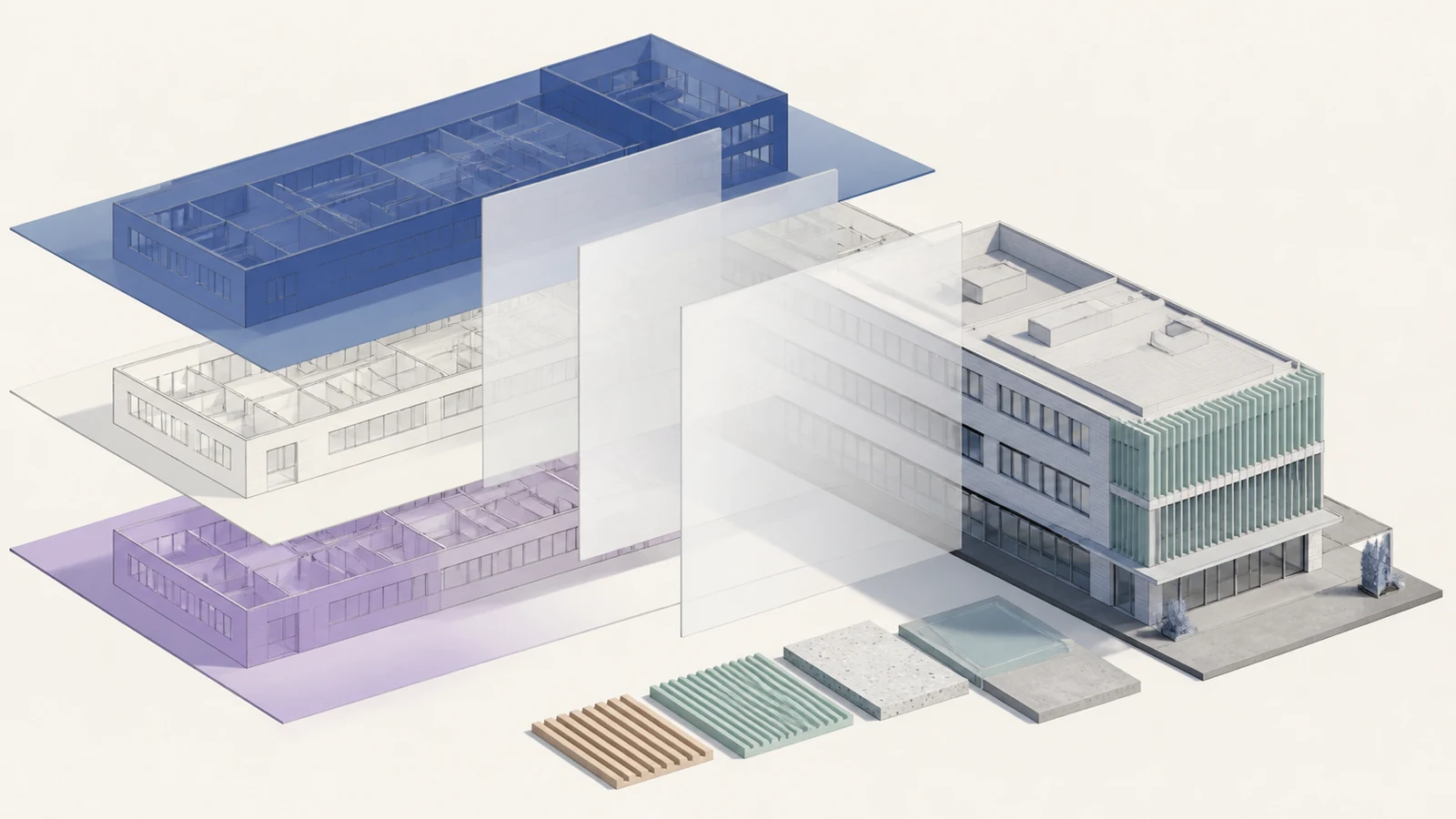 Architecturale lagen van een gebouw die eerdere, actuele en voorgestelde demarcatieversies verbeelden.
