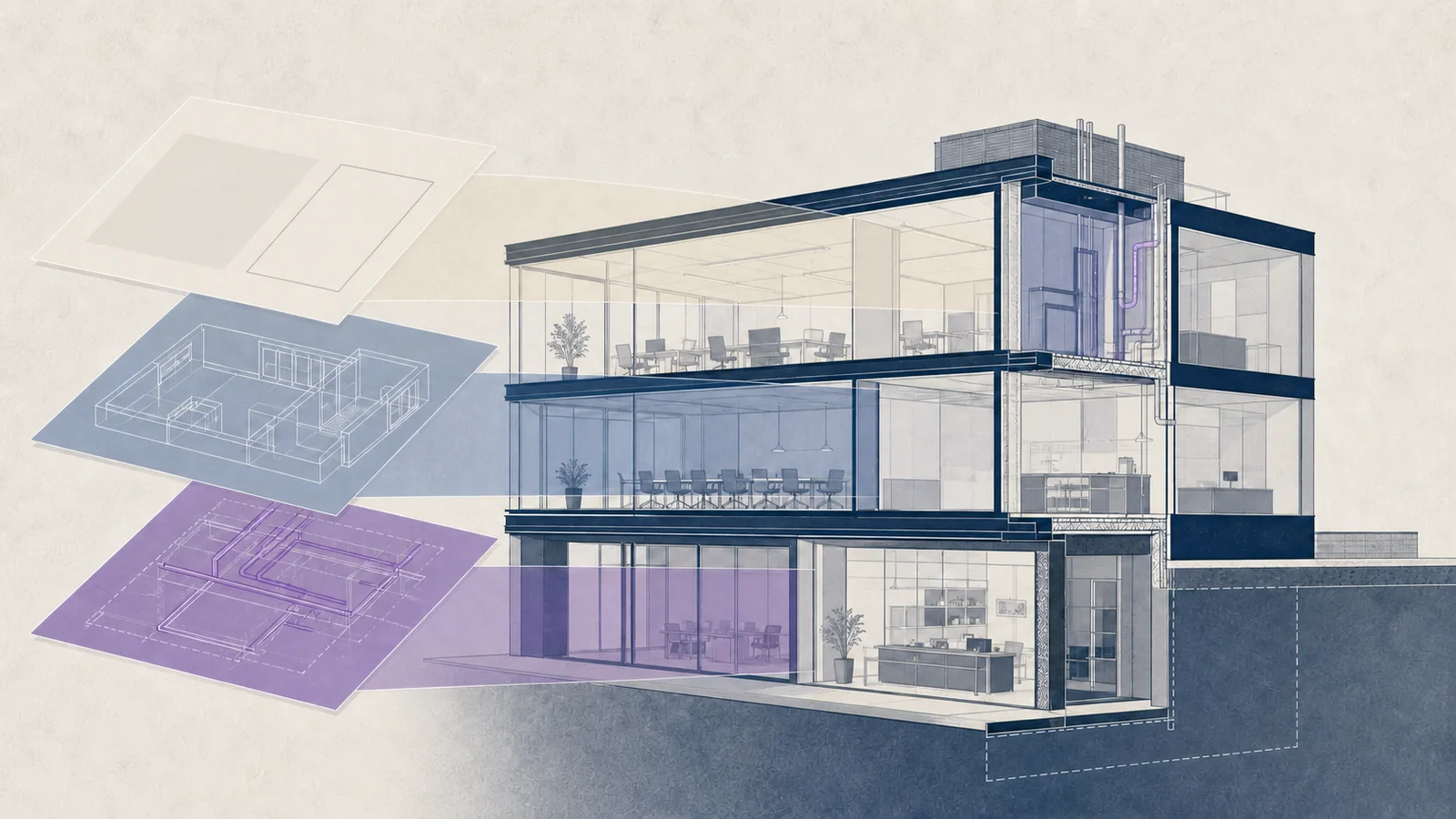 Illustratieve gebouwdoorsnede met tekstvrije contract-, plattegrond- en installatielagen.