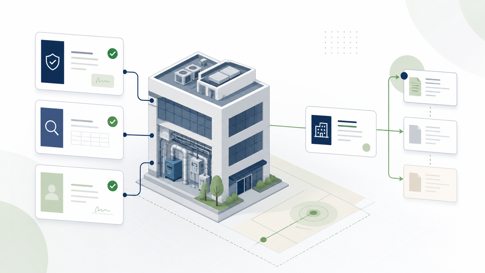 Semi-abstract utiliteitsgebouw met gekoppelde compliance-documenten en versiehistorie