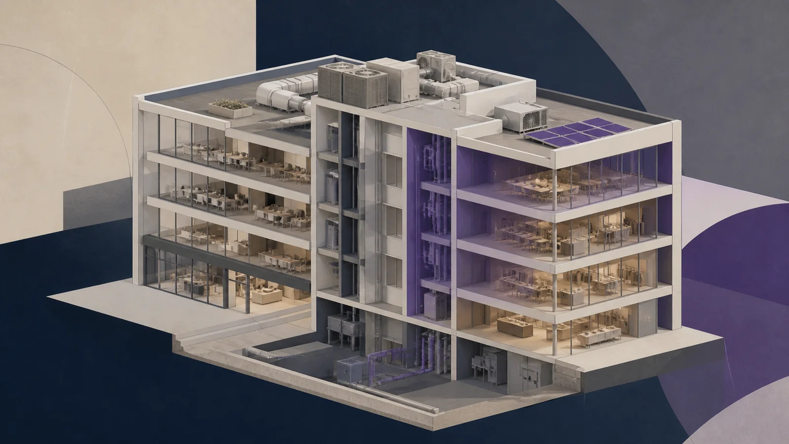 Doorsnede van een bedrijfsgebouw met technische installaties en verschillende demarcatielagen