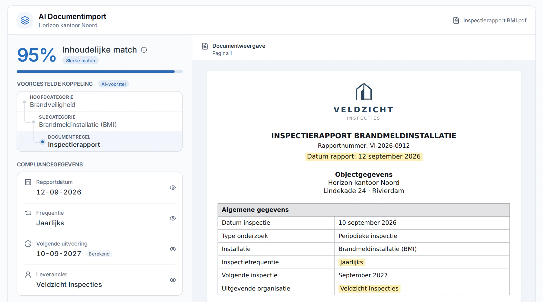 AI Documentimport in Naxerio: een inspectierapport van de brandmeldinstallatie met de herkende rapportdatum, frequentie, volgende uitvoering en leverancier naast het document
