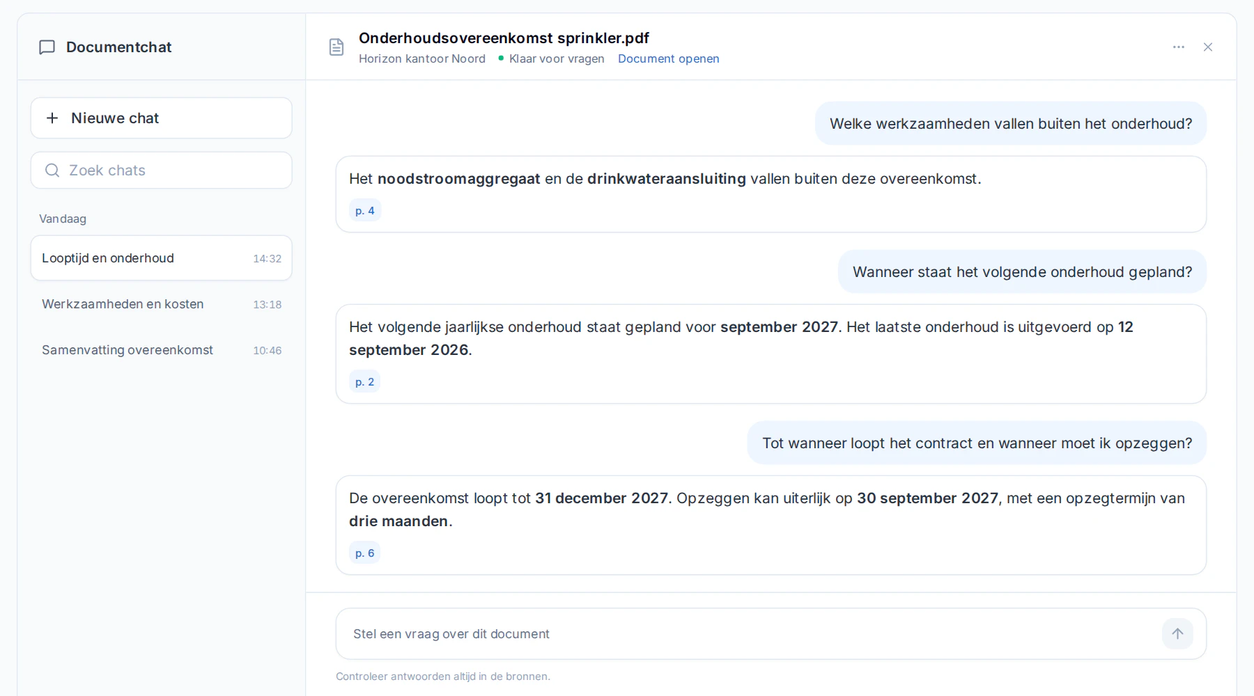 Document chat in Naxerio: questions about a maintenance agreement, with answers and the page where each answer is found