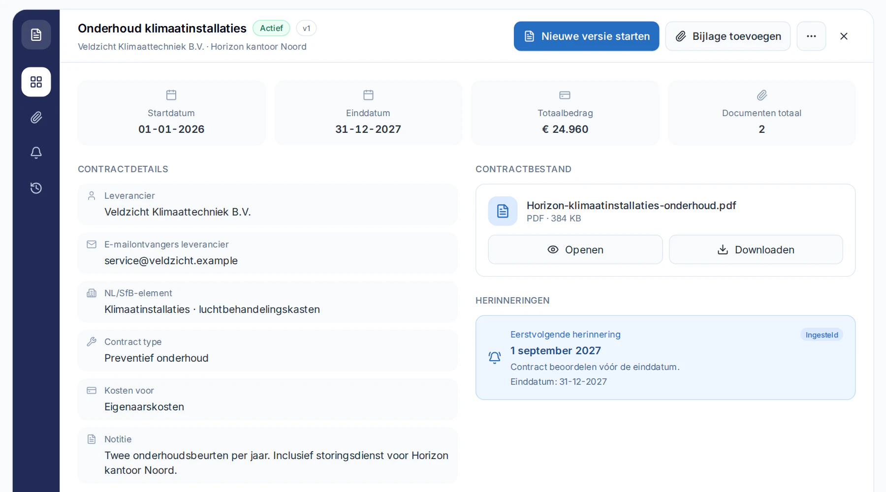 Maintenance contract in Naxerio: supplier, term, total amount, the contract file and a reminder for the end date